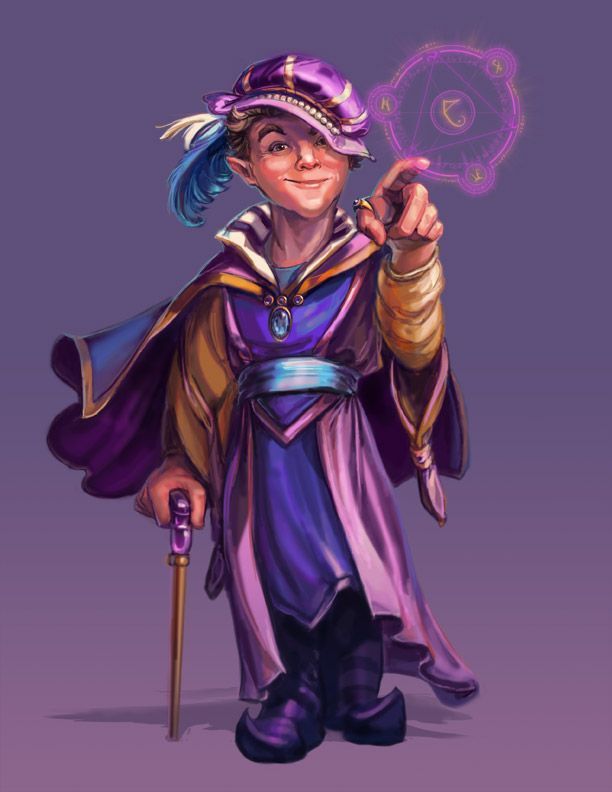 A smiling gnome wizard in purple robes points at a glowing magic symbol.