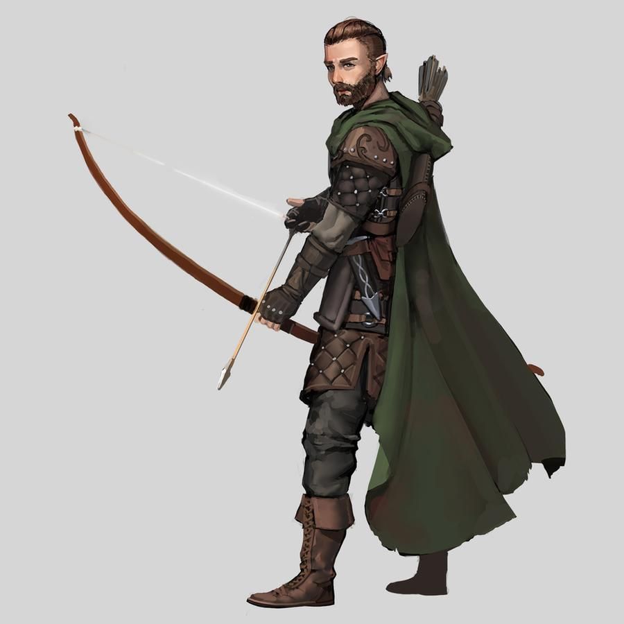 Male archer in leather armor drawing a bow, wearing a green cloak.