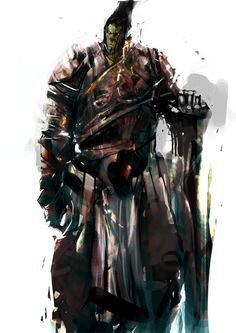 Warrior in dark armor, holding a sword. Green face, sketchy art style.