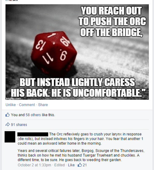 A red die with a high roll, a meme about failing to push an Orc off a bridge in a game.