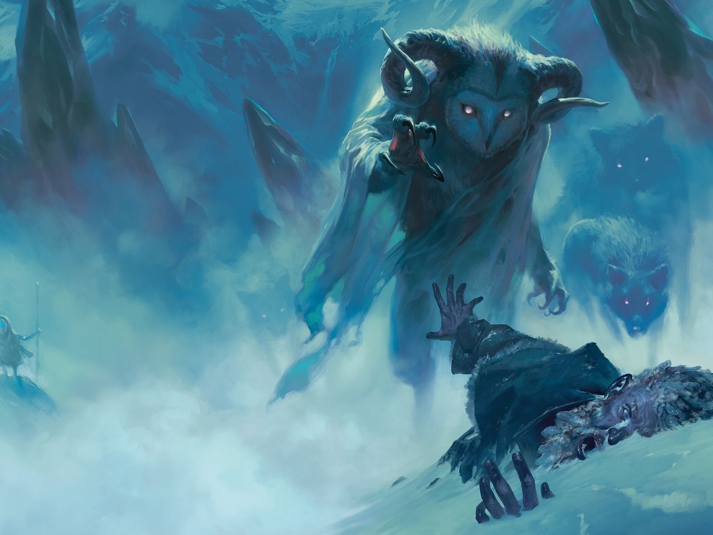A spectral owl-like creature reaches toward a prone figure in a snowy, icy landscape.