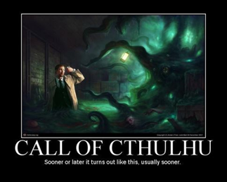 A man recoils in terror at Cthulhu's tentacles, glowing green, in a dark, enclosed space.
