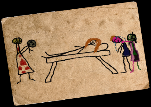 Child's drawing: person on table; people crying, holding objects. Crude, colorful depiction on aged paper.