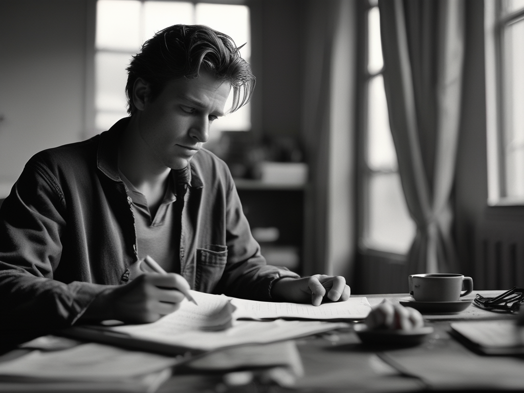 A man is sitting at a table writing on a piece of paper.