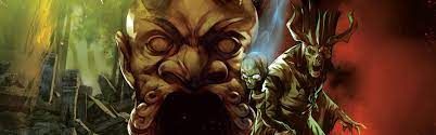 Close-up of a grotesque face with a gaping mouth, ominous figures in the background, and vibrant colors.