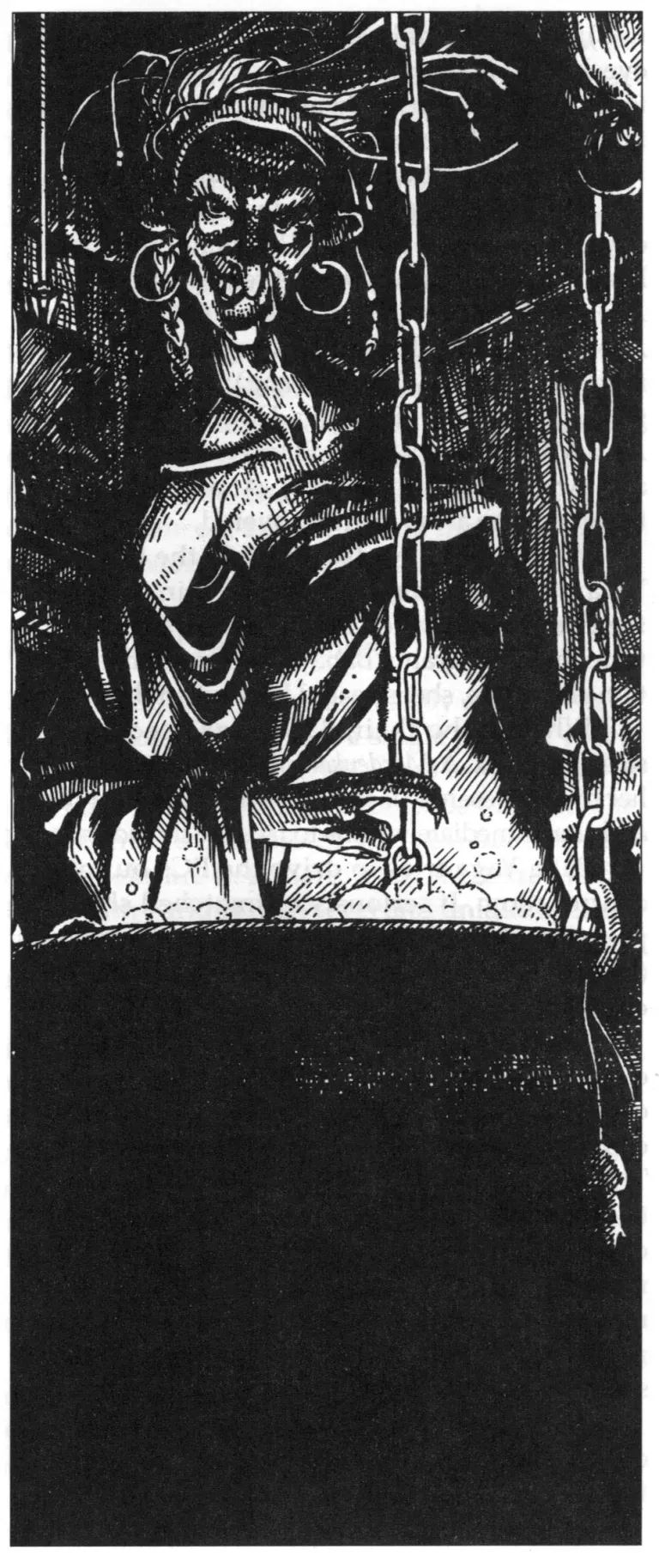 A robed figure with large earrings looks over a cauldron. Chains hang from above.