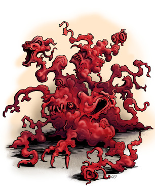 Red, blob-like monster with multiple snarling faces and clawed limbs, possibly in a dark setting.