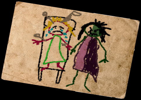 Child's drawing: sad girl tied to bed by angry witch. Green, pink, purple, black.