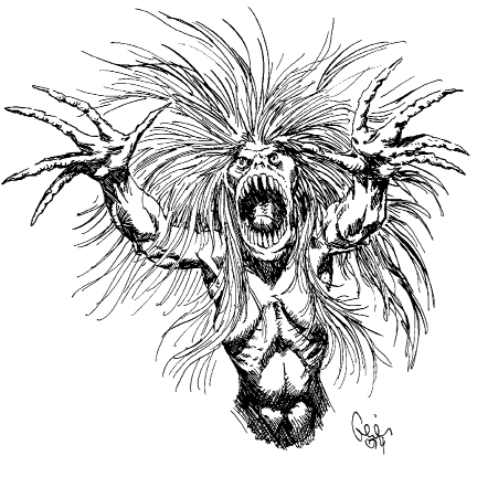 Scary hag with sharp claws, wild hair, and open mouth roaring.