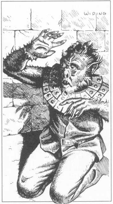 A kneeling, shaggy-haired humanoid with a collar, looking up with a desperate expression, in a stone enclosure.