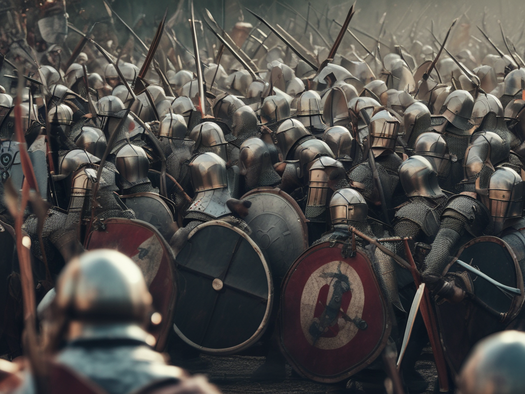 A large group of soldiers are standing in a line holding swords and shields.