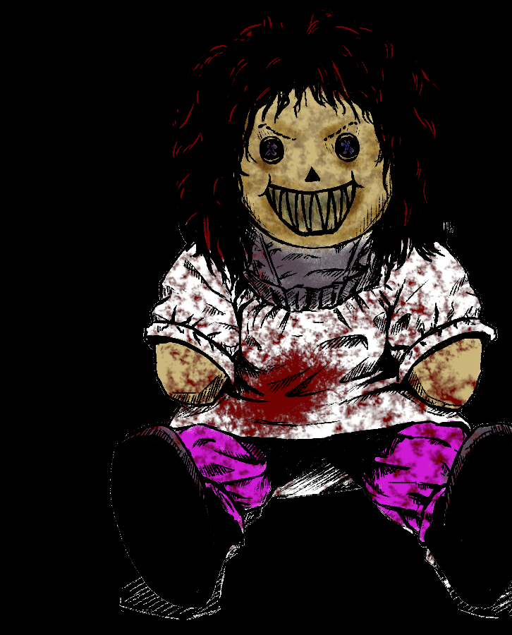 Creepy doll, brown skin, black hair, bloody shirt, toothed grin.