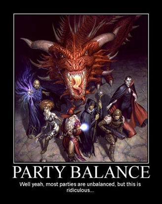 A fantasy party faces a red dragon; unbalanced group with diverse characters like wizards, a vampire, and a soldier.