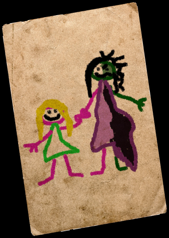 Child's drawing of a woman with green skin and a blonde girl holding hands, on stained paper.