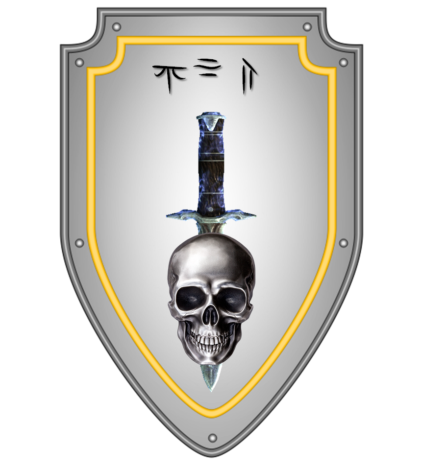 Shield with a dagger piercing a skull; gray, gold, and black.