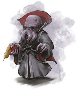 Mind Flayer dressed in dark robes with a red cape, holding a weapon.