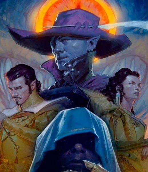Group of fantasy characters: elf in purple hat, others in golden outfits.