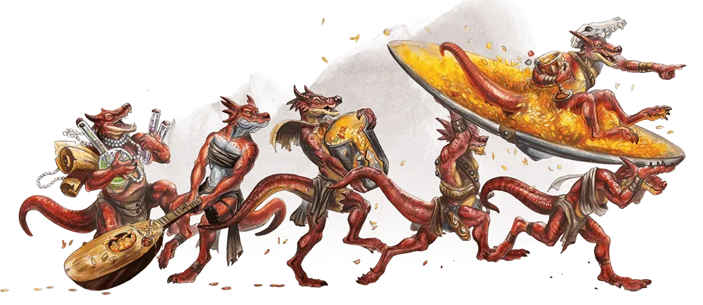 Red anthropomorphic fox-like creatures running, carrying a musical instrument, a shield, and a flying craft.