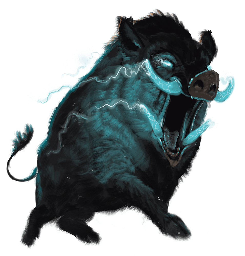 Electric-blue-infused boar charges forward, glowing eyes, open mouth, tusk.