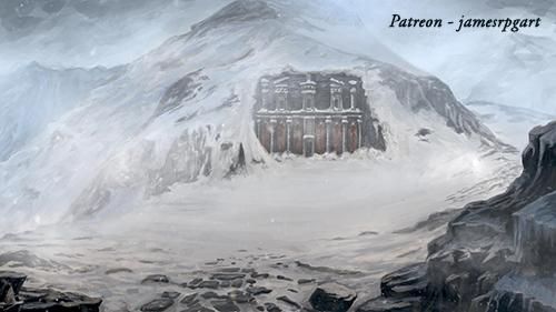 Snowy mountain with a fortress carved into its side.