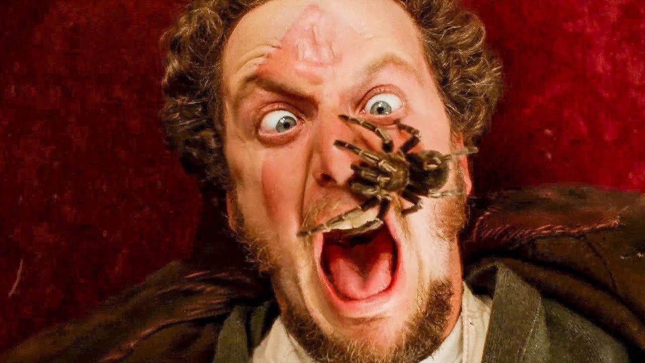 Man screaming with a tarantula on his face. Red background.