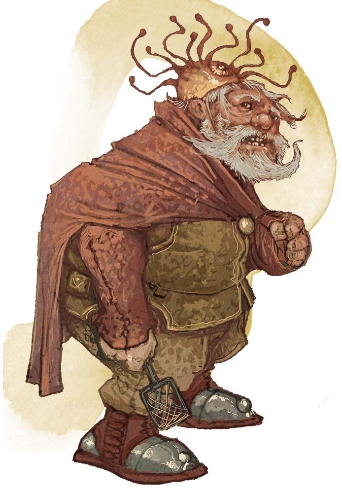 A grumpy, stout dwarf with a white beard and tentacles on his head, wearing a cape and metal boots, holding a shovel.