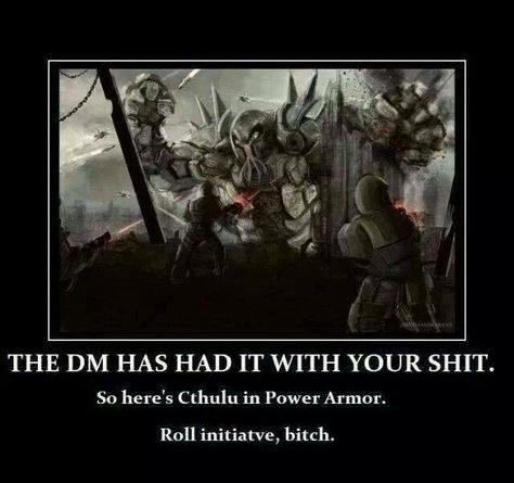 Cthulhu in power armor, attacking two figures. DM's had it; roll initiative! Dark setting with explosions.