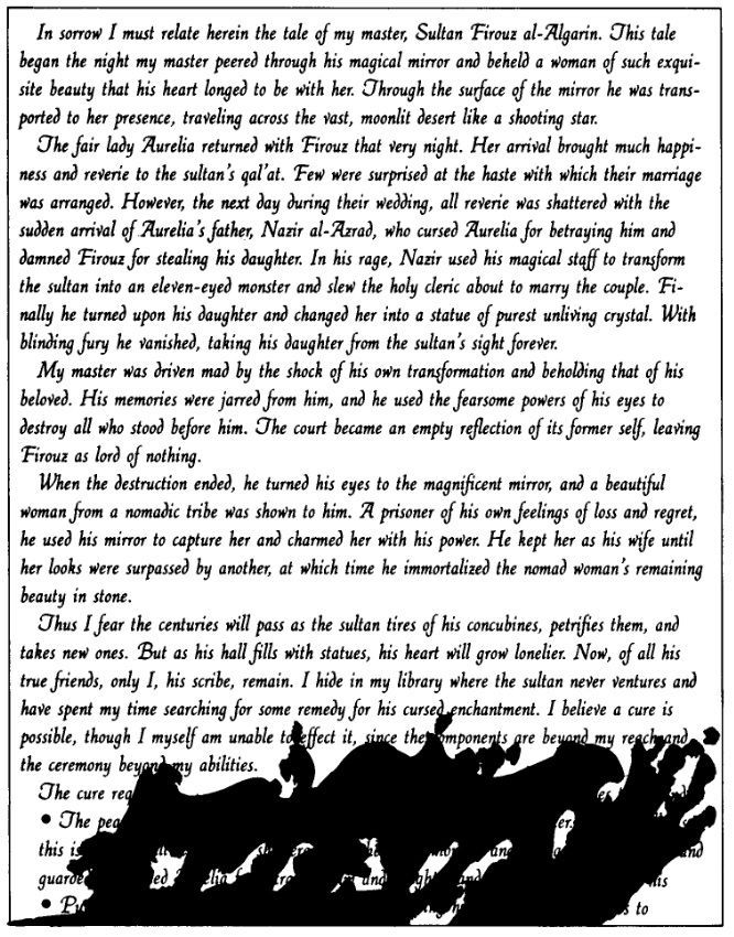 Black text on white, handwritten, aged paper describes a magical tale.