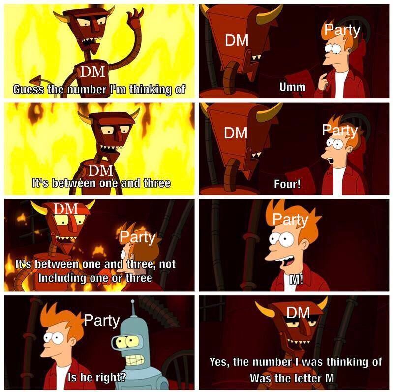 A DM and party in a Futurama meme: DM asks the party to guess a number, leading to an incorrect response and confusion.