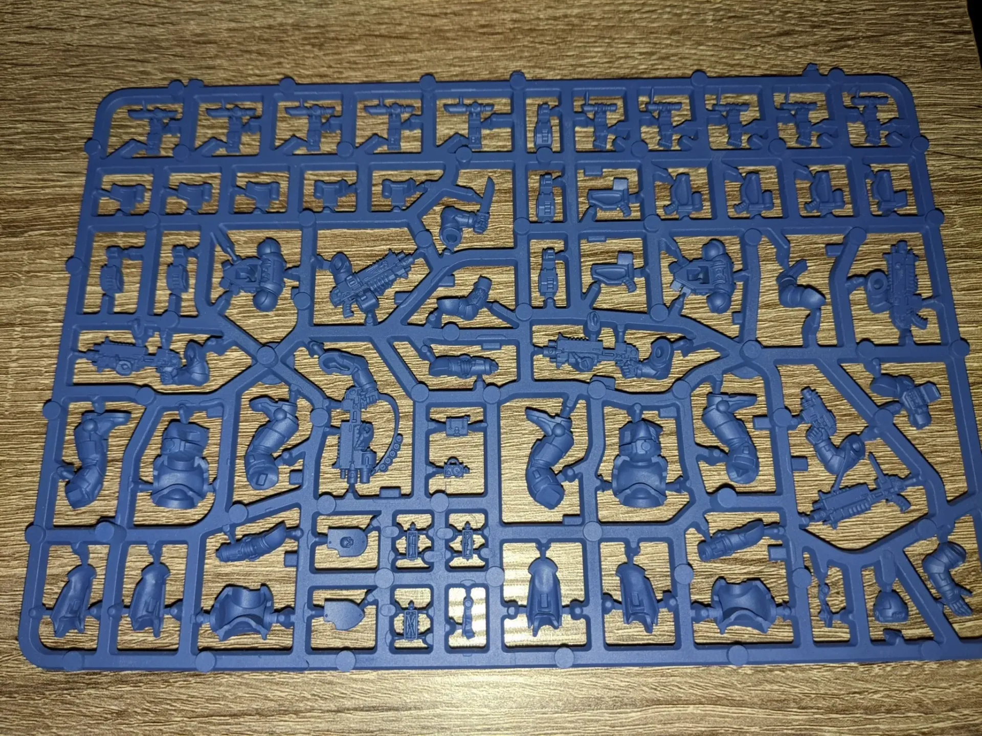 Blue plastic model sprue with various miniature creature parts.