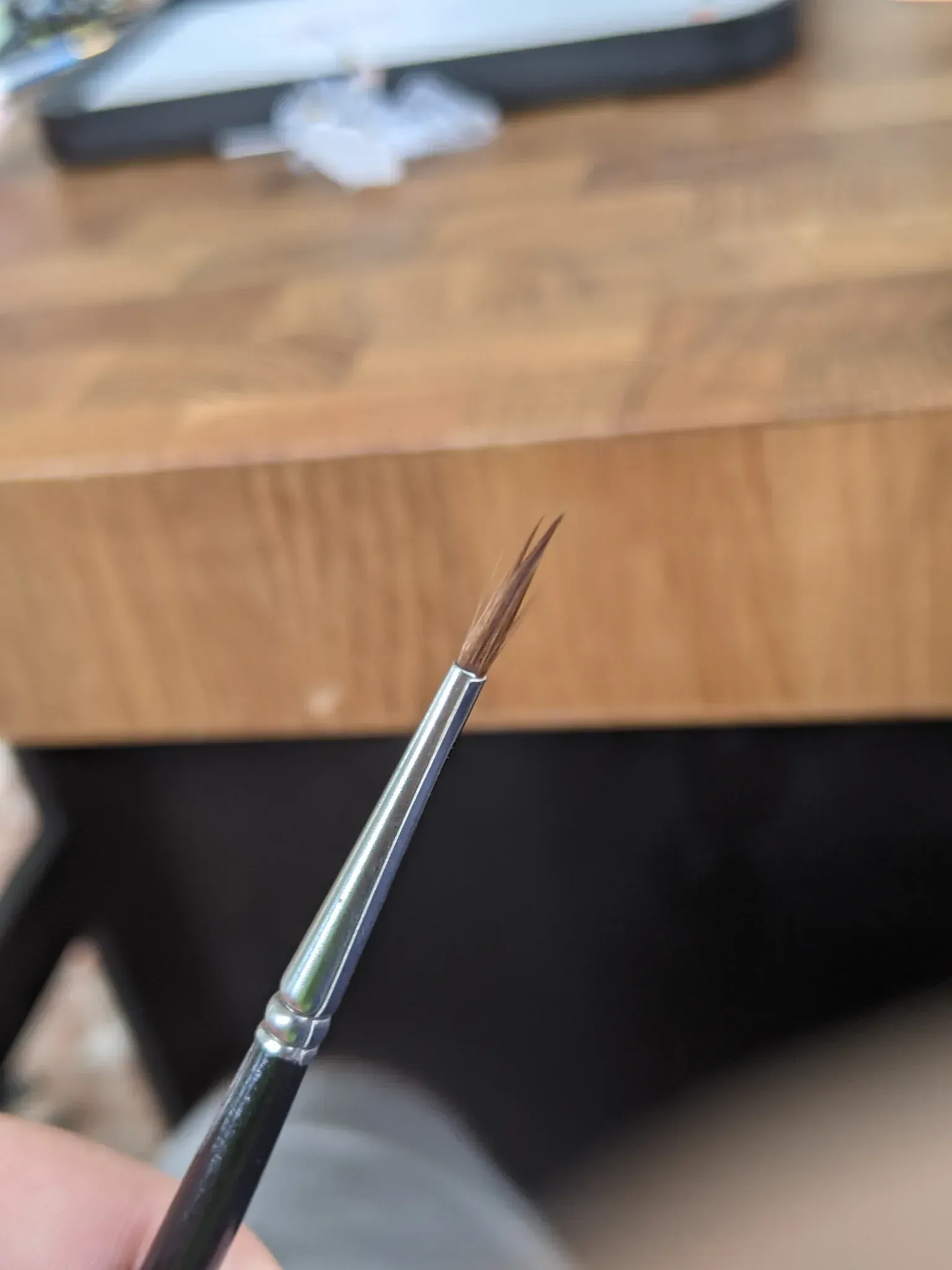 A close-up of a paint brush with a pointed, brown tip.