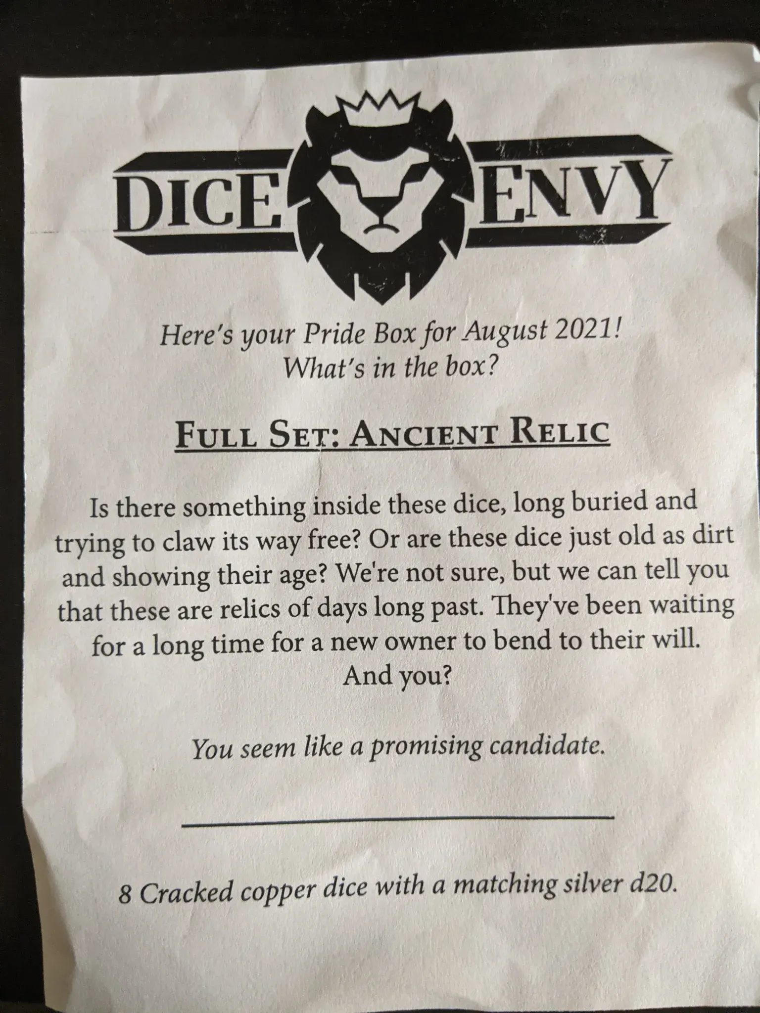 Flyer for Dice Envy Prime Box August 2021, advertising a 