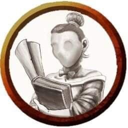 A faceless woman holds a book and scroll, framed in a brown ring.
