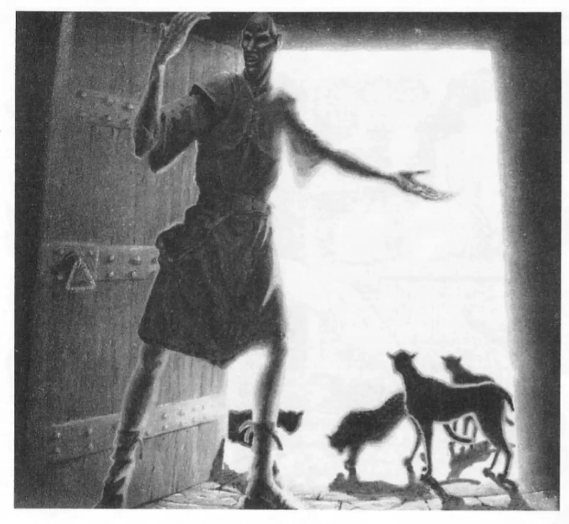 Man in doorway, startled, arms raised. Shadows of dogs at his feet. Bright light outside.