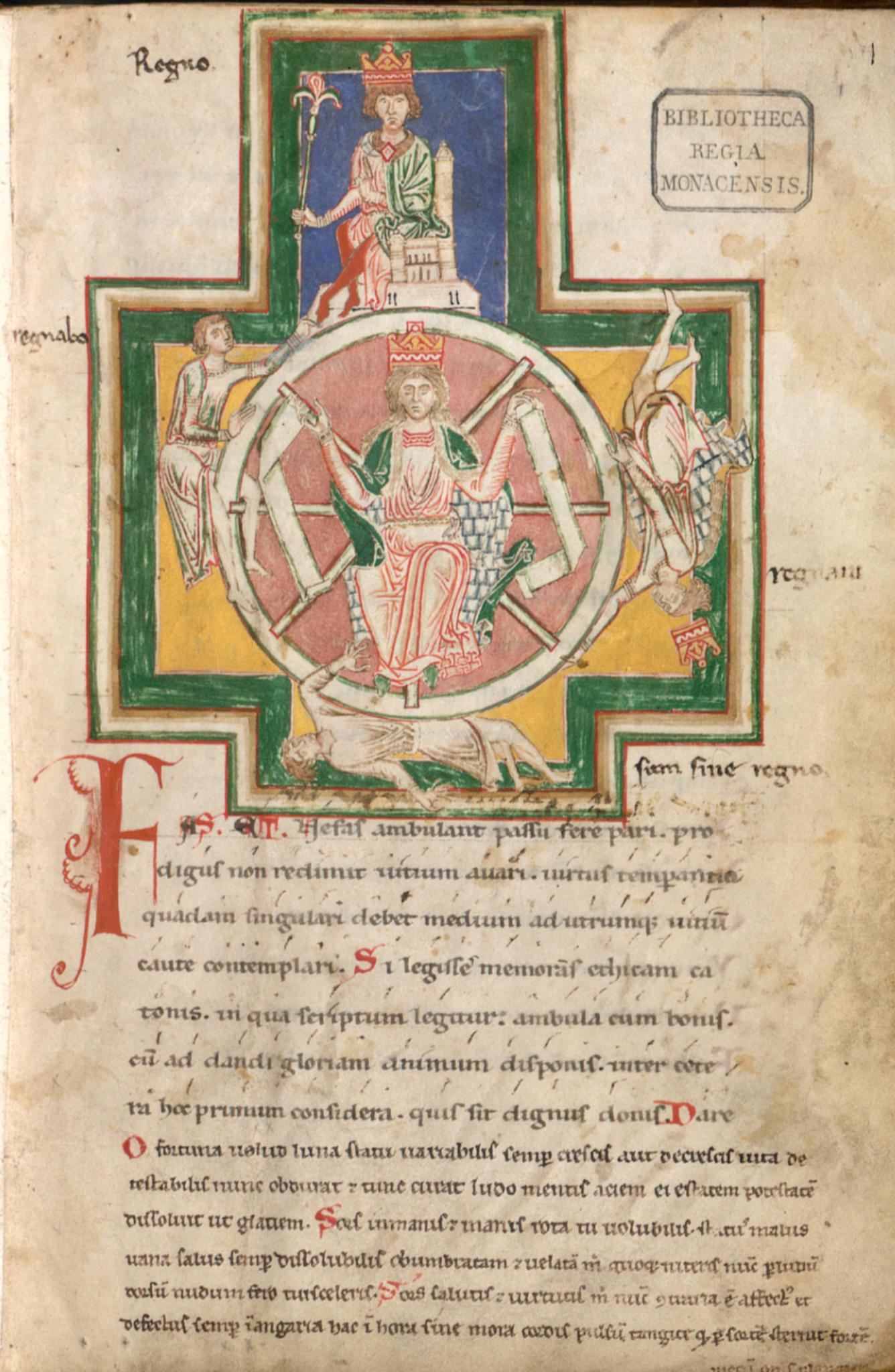 Medieval manuscript page with the Wheel of Fortune and an enthroned king. Figures in the wheel with angels, text, and decoration.
