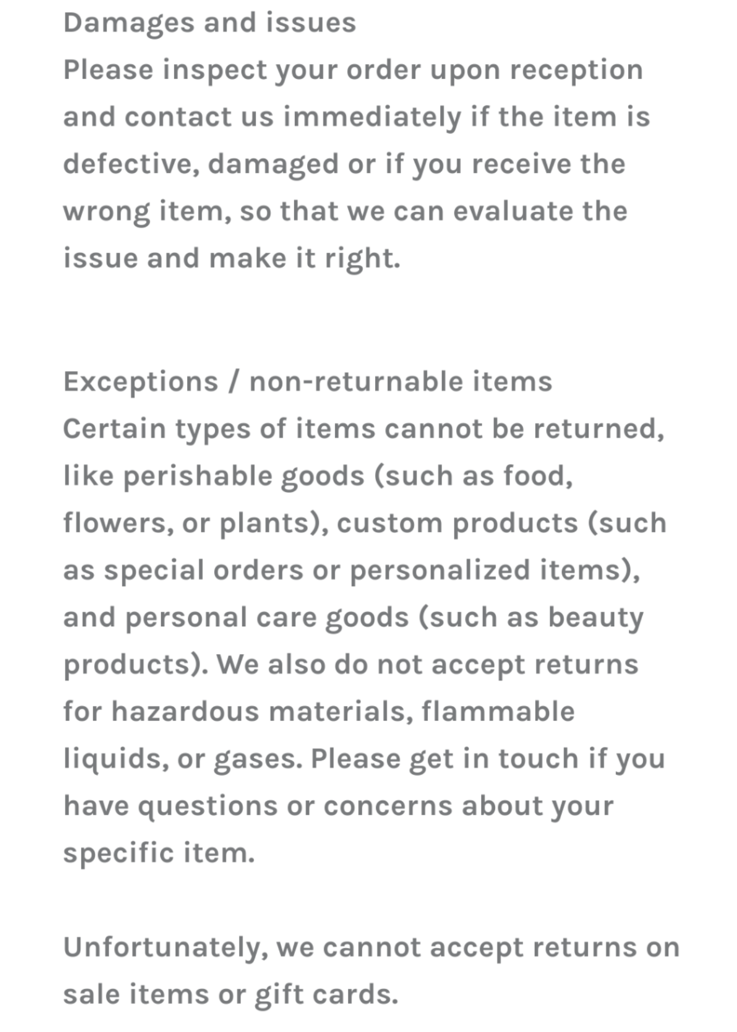 Text detailing return policy: defective items, non-returnable items (perishables, custom products), and exclusions (sale items, gift cards).