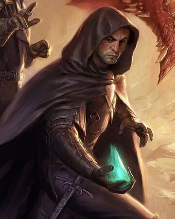 A hooded figure in dark attire holds a glowing green orb. They have a serious expression in a desert-like setting.