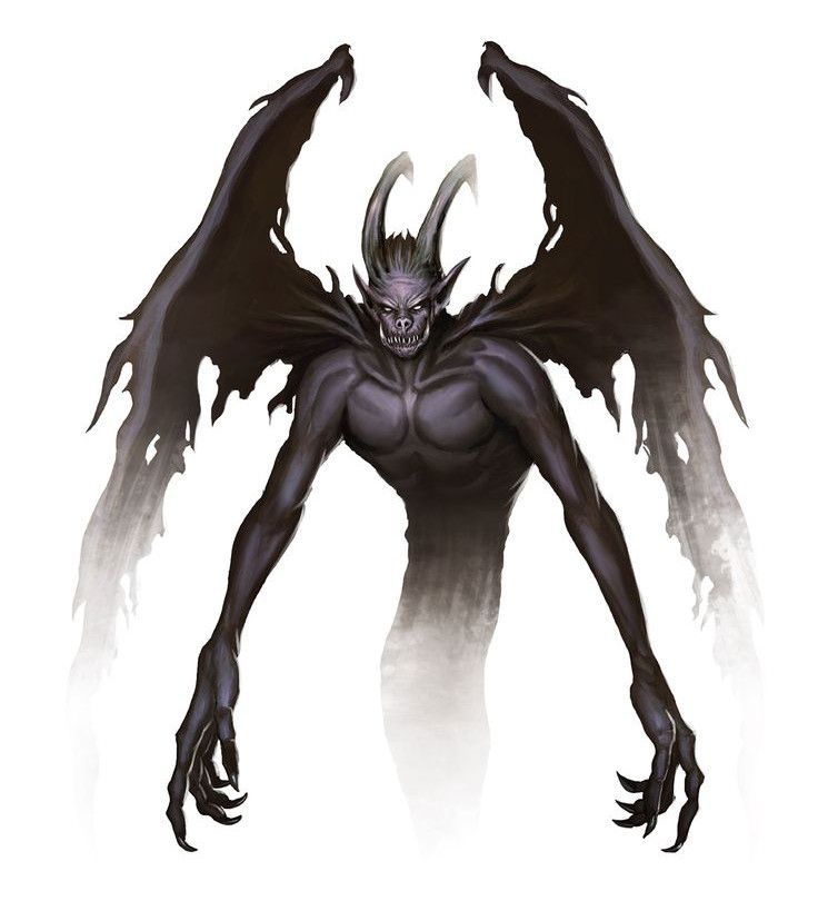 A gaunt, dark-skinned demon with horns, tattered wings, and clawed hands, hovering.