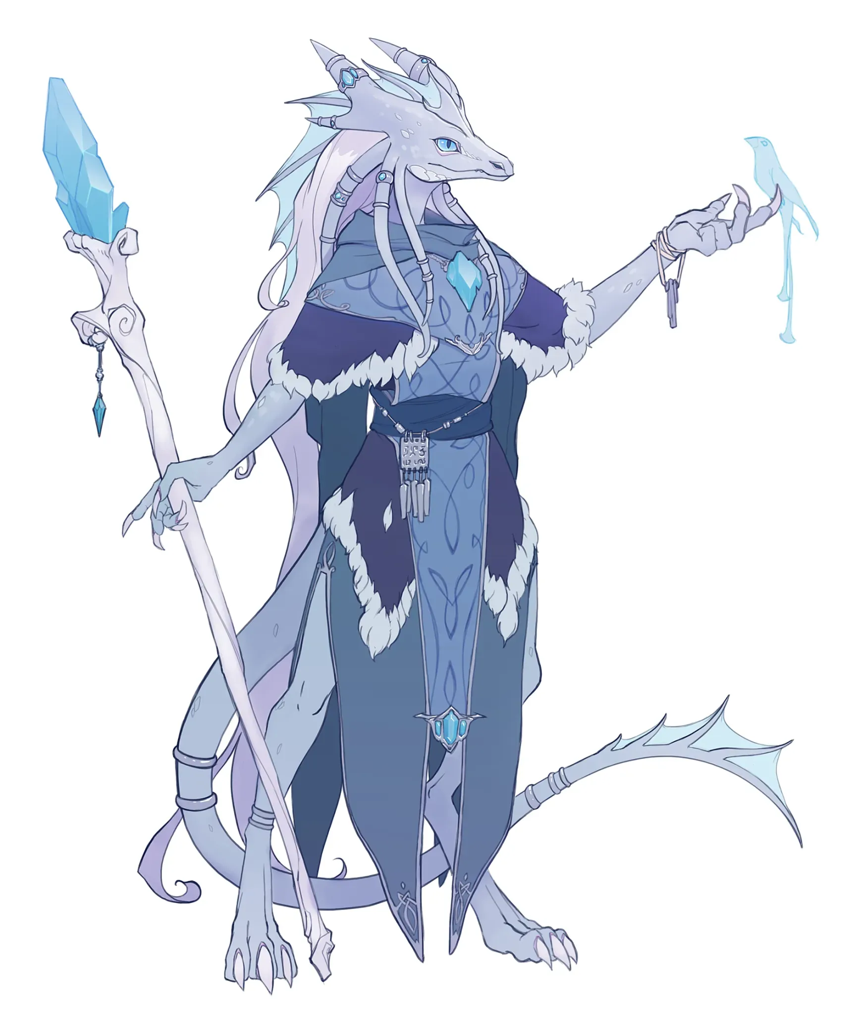 A blue-toned anthro wolf-like creature in robes, holding a staff and a bird.