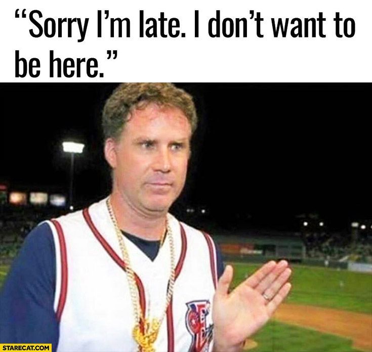 Will Ferrell in a baseball uniform, looking displeased and clapping with the text
