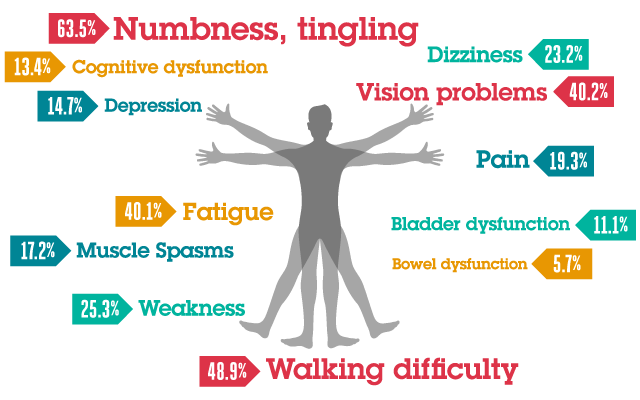 Illustration showing common MS symptoms: numbness, fatigue, vision problems, walking difficulty, with associated percentages.