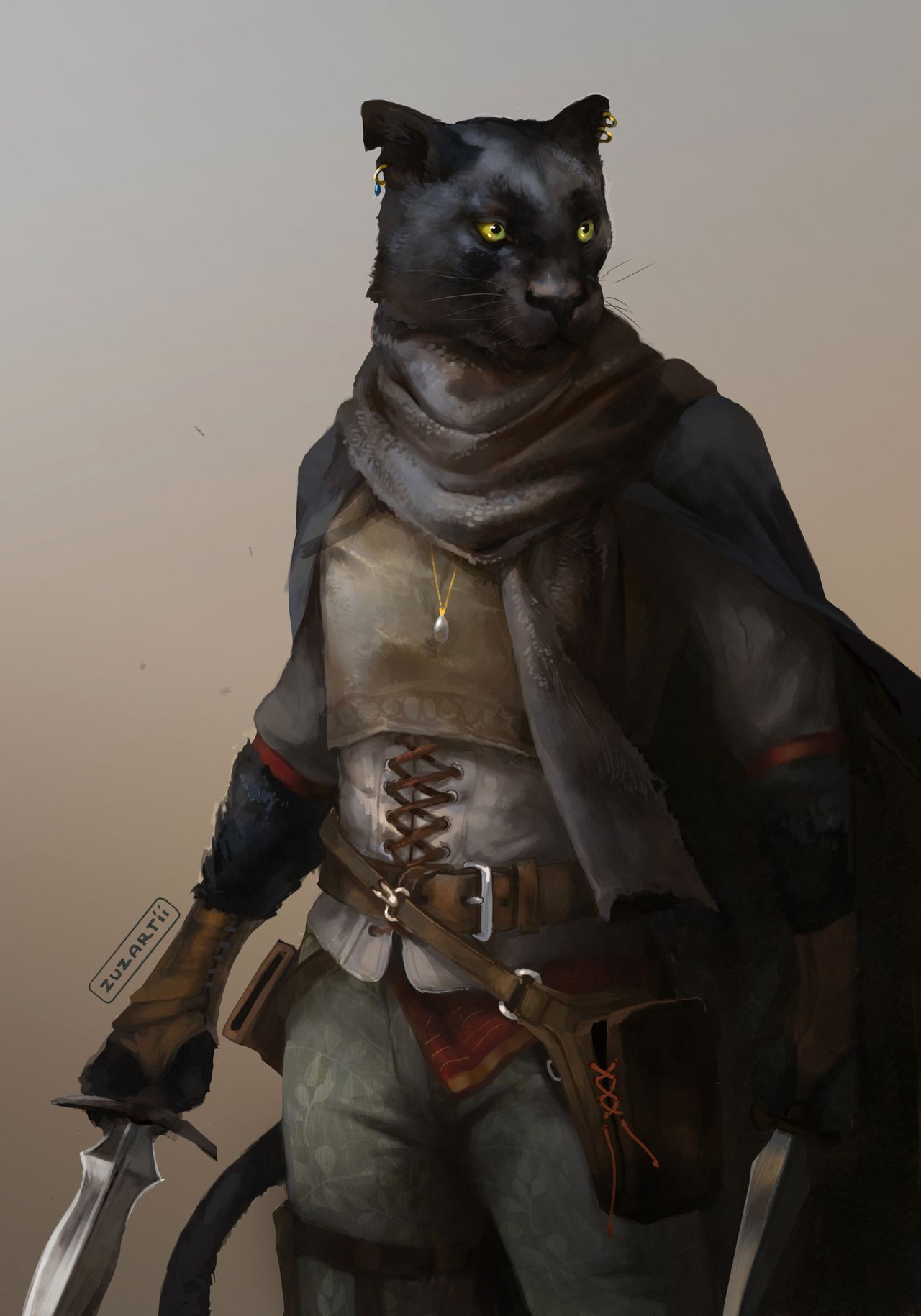 Black panther-like humanoid with yellow eyes, holding a dagger, wearing a cloak and vest.