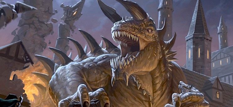 A monstrous creature with spikes and sharp teeth roars in a town. Buildings tower in the background.