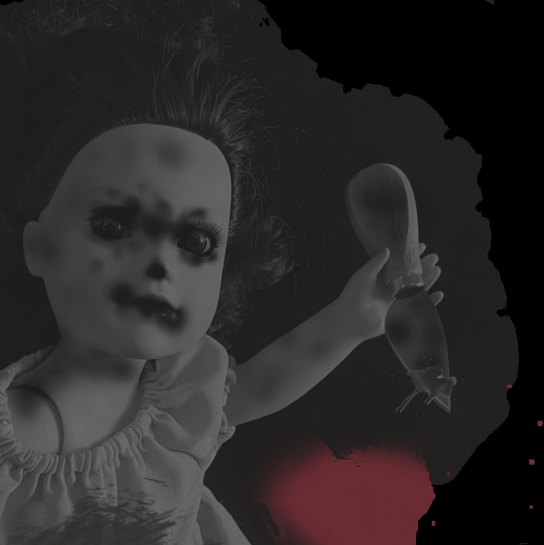 A creepy doll holds a small, brown, slug-like creature; red stain on a dark background.