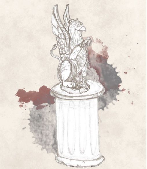 Griffin statue on a pedestal, with blood spatter on a parchment background.