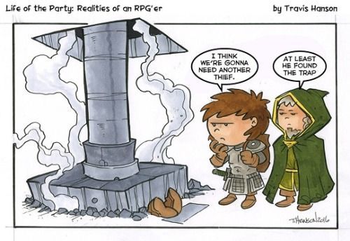 Two adventurers staring at a smoking trap, one saying they need another thief.