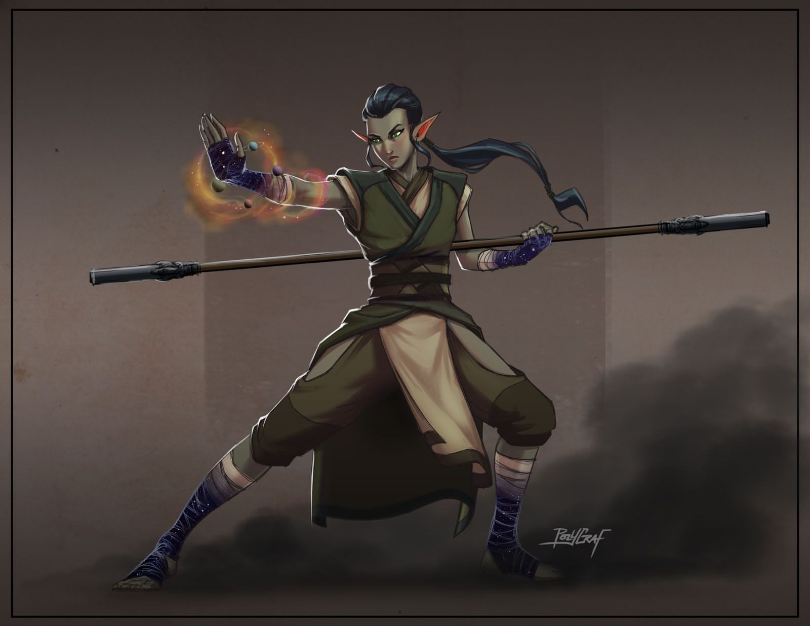 An elf monk with a staff casts a fire spell. They wear green and blue, in a grey setting.
