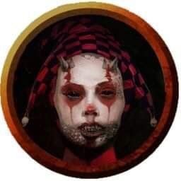 A demonic clown with red and black checkered hat and face paint, horns, and sharp teeth, set in a dark orange-bordered circle.