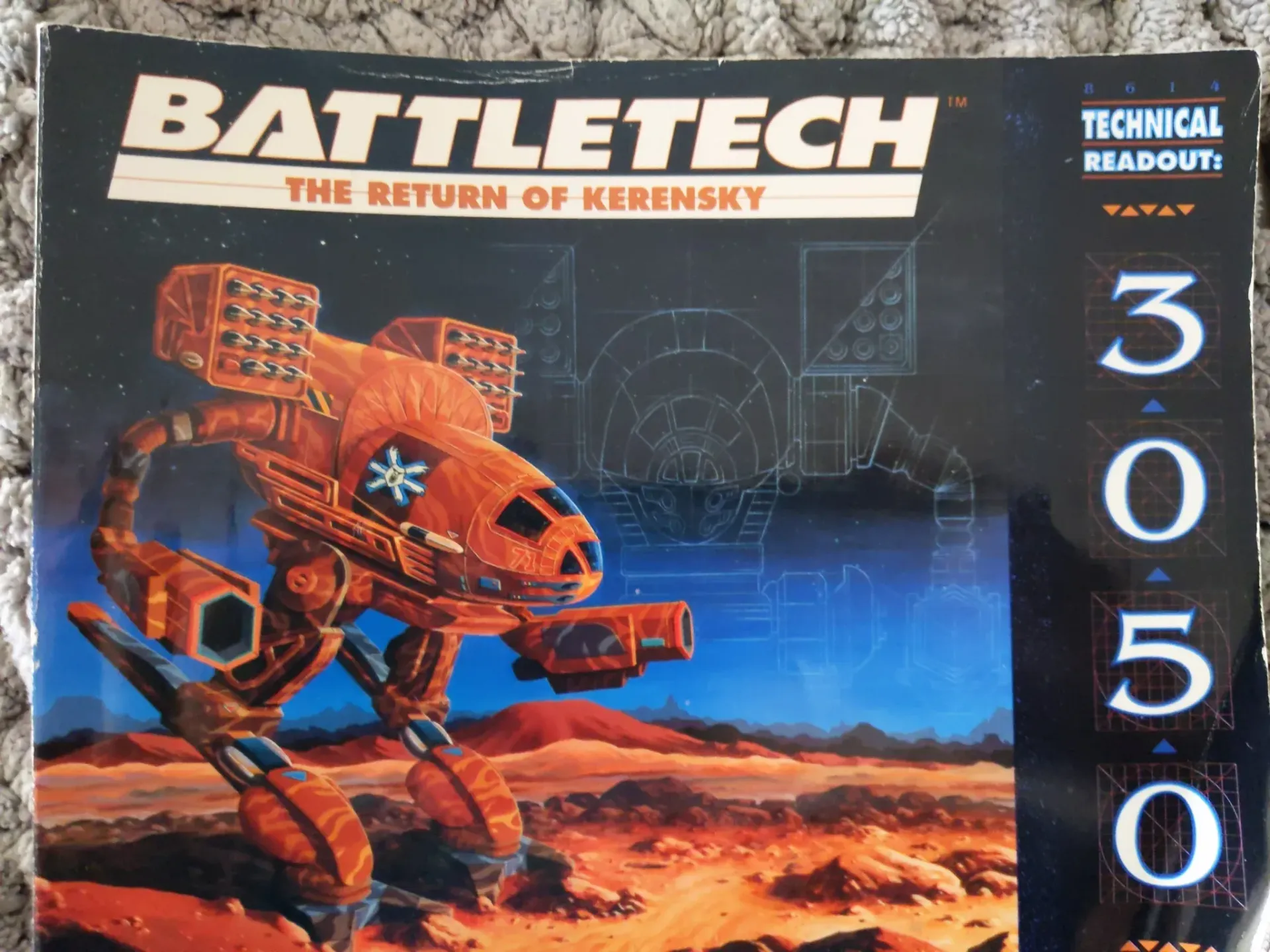 Battletech: The Return of Kerensky box art. A mech strides across a desert. Red and blue colors dominate the image. 3050 in large numerals.