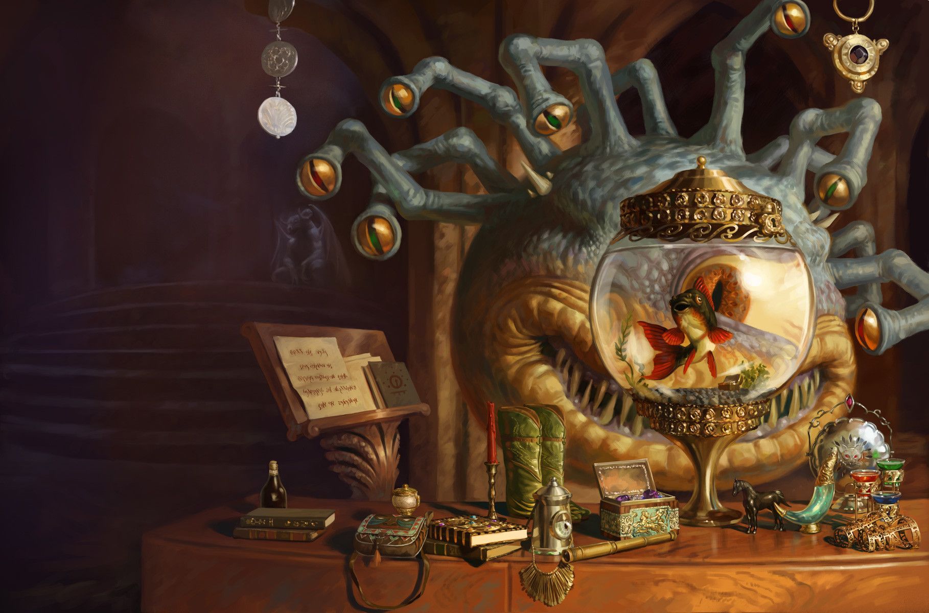 A grotesque, many-eyed monster with a fairy trapped in a glass container, on a table in a dimly lit room.